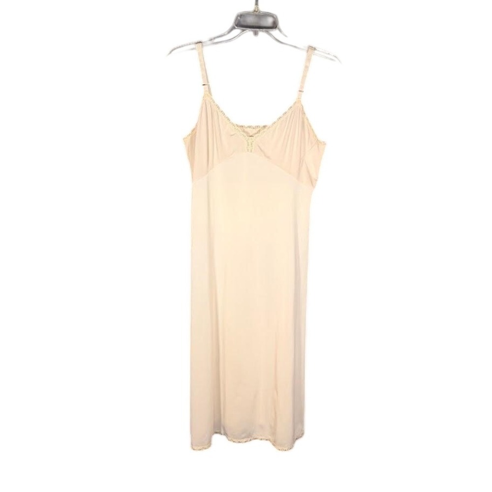 Shadowline Vintage Beige Lace Trim Slip Dress Sz 38 L Tall Nightie Babydoll Y2K